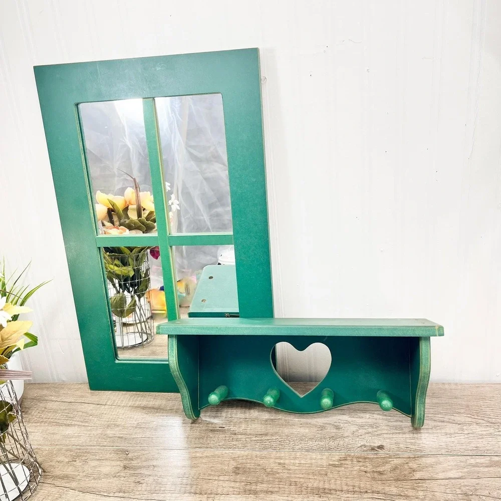 Green Wooden‎ Heart Shelf and Mirror Set - Vintage Cottagecore Decor